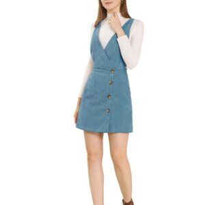 NWOT Allegra K Blue Corduroy Button Front Suspender Jumper Dress Women’s Small